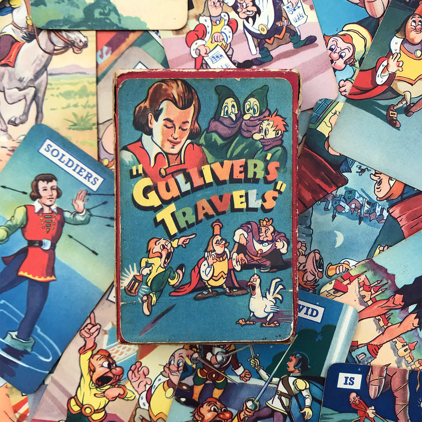 Vintage Pepys illustrated card game from the 1940's - Gulliver's Travels! It has the most charming, fun illustrations of all the characters from Gulliver's travels to Lilliput. - SHOP NOW - www.intovintage.co.uk