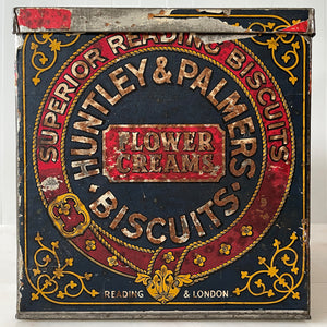 An Edwardian Huntley & Palmer’s large square Biscuit tin that would have been used in a shop to store biscuits for sale. Fantastic typography to the front with well preserved colourful print - SHOP NOW - www.intovintage.co.uk