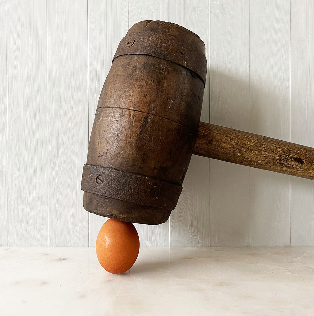 A Large Antique Mallet. It has two metal riveted straps at each end with a sturdy hickory handle. With fantastic age and wear to it, this mallet would have been used in either a circus or fairground to whack the tent spikes in - SHOP NOW - www.intovintage.co.uk