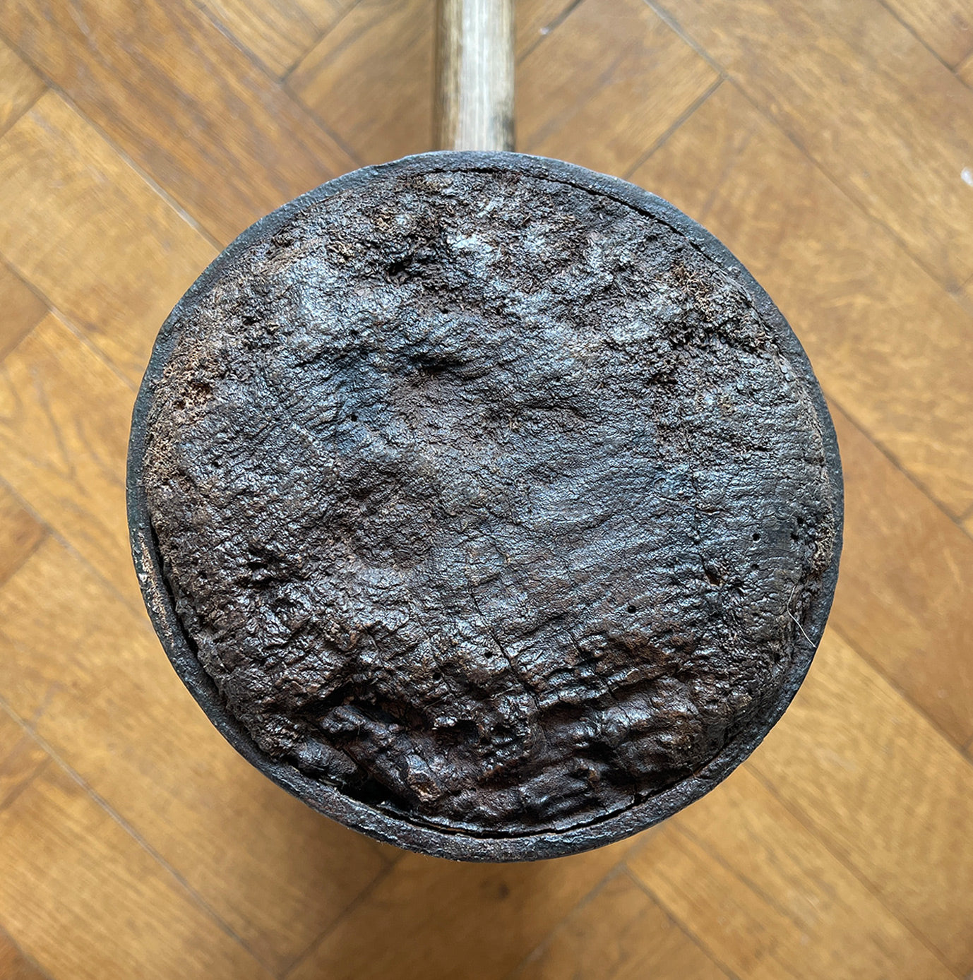 A Large Antique Circus/Fairground Hammer with remnants of its original red paint. It has two metal riveted straps at each end with a sturdy hickory handle - SHOP NOW - www.itovintage.co.uk