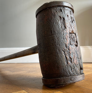 A Large Antique Circus/Fairground Hammer with remnants of its original red paint. It has two metal riveted straps at each end with a sturdy hickory handle - SHOP NOW - www.itovintage.co.uk