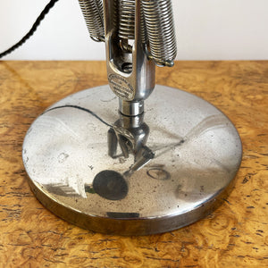 A 1960s Herbert Terry Apex 75 Adjustable Desk Lamp in bare metal. Three capped silver springs and side arms constructed from aluminium with nylon linkages. The fluted shade has a rocker switch to the top - SHOP NOW - www.intovintage.co.uk