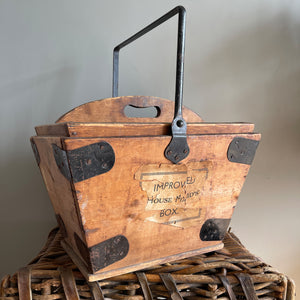 A Period House Maid's Pine Trug with sturdy metal handle and strapping. It has a removable top tray containing 4 compartments and still has the original 'IMPROVED HOUSE MAID'S BOX' label to the front. Good strong sturdy construction - SHOP NOW - www.intovintage.co.uk