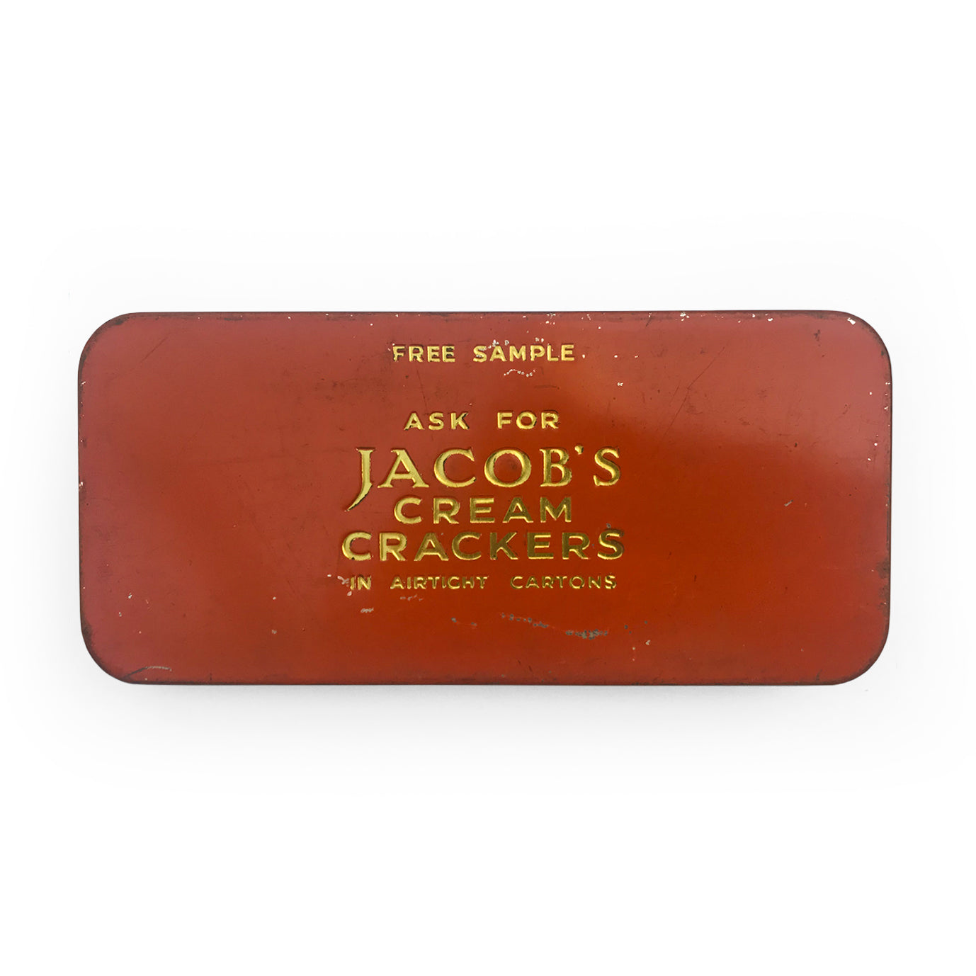 Vintage Jacob's Cream Crackers sample tin. Deco style design to the front with golden embossed copy to the rear - SHOP NOW - www.intovintage.co.uk