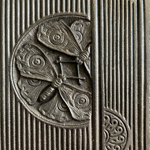 An Arts & Crafts Cast Iron Fireplace Insert, circa 1873, by the renowned Aesthetic Architect Thomas Jeckyll. The design sees finely cast rosettes of butterflies, bees and stylised floral designs on top of a reeded background. Designed for Barnard, Bishop & Barnards foundry of Norwich - SHOP NOW - www.intovintage.co.uk