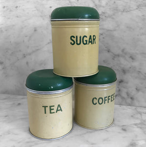 Set of 3 cool vintage kitchen tins. Coffee, Tea and Sugar. Nice and clean inside with a great vintage patina on the outside - SHOP NOW - www.intovintage.co.uk