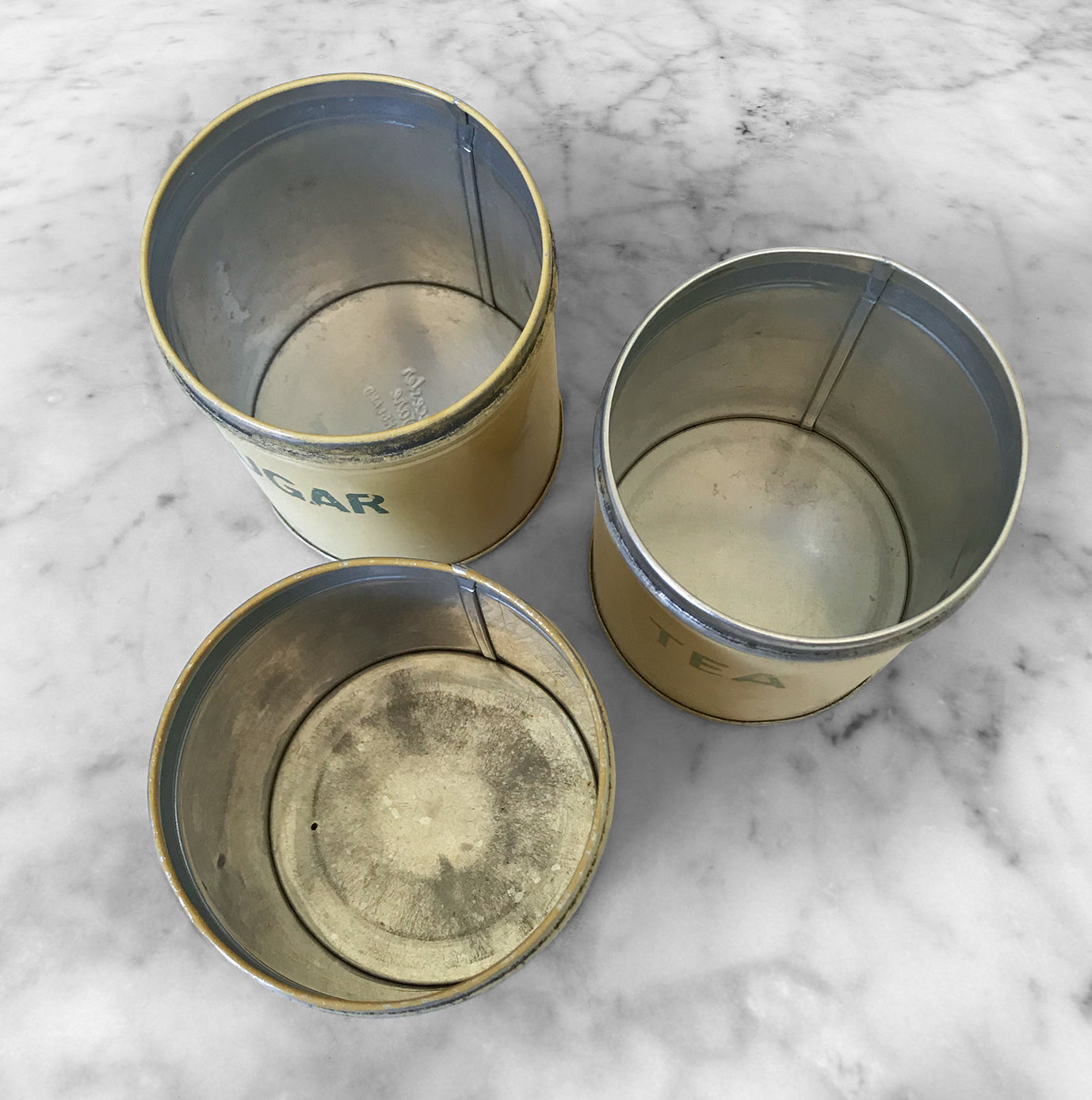Set of 3 cool vintage kitchen tins. Coffee, Tea and Sugar. Nice and clean inside with a great vintage patina on the outside - SHOP NOW - www.intovintage.co.uk