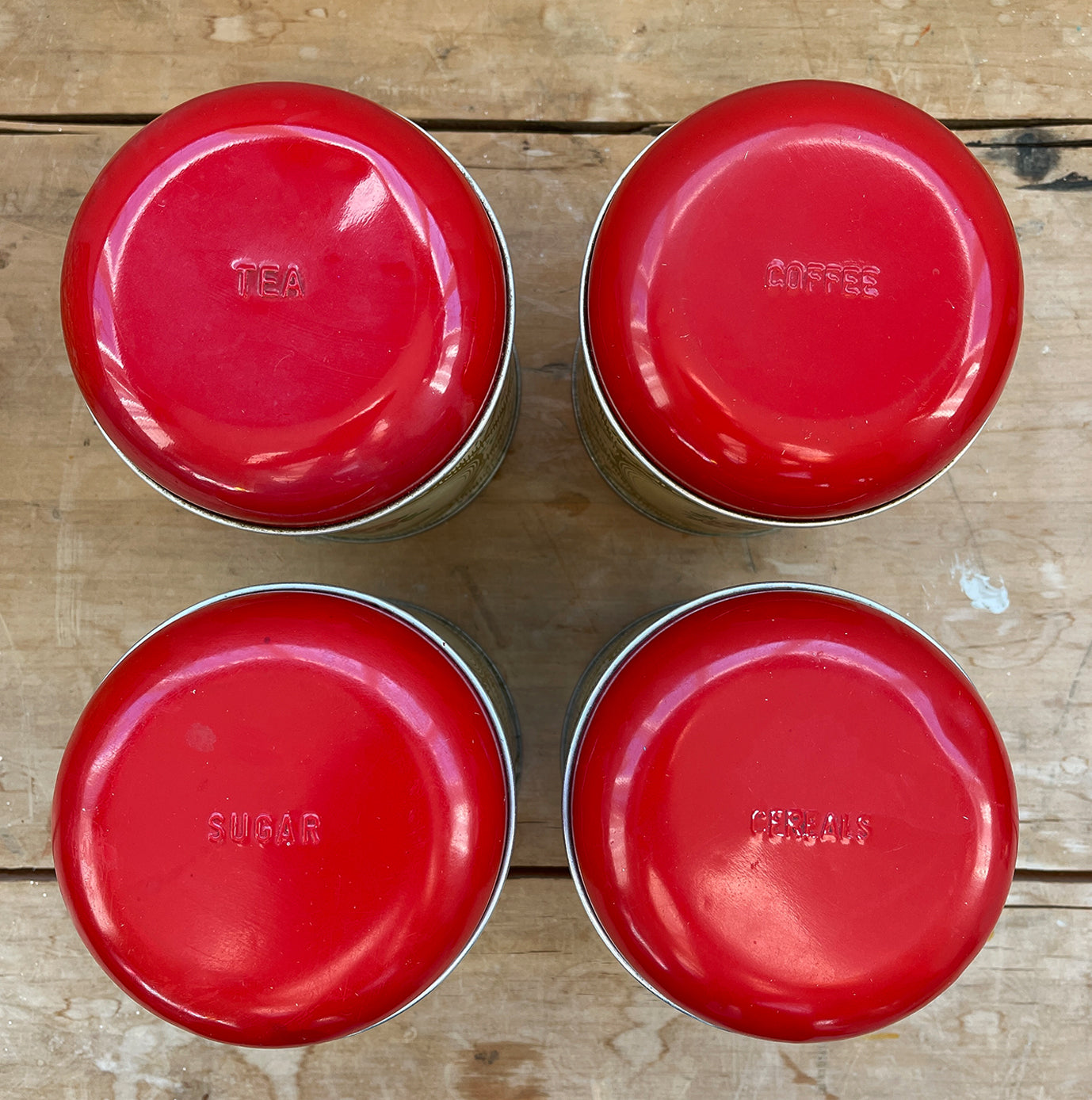 A set of 5 kitsch vintage Worcester Ware kitchen tins. Named the 'Cranbourne' range, the set consists of a Coffee, Tea, Sugar, Cereal, and lager Flour tin - SHOP NOW - www.intovintage.co.uk