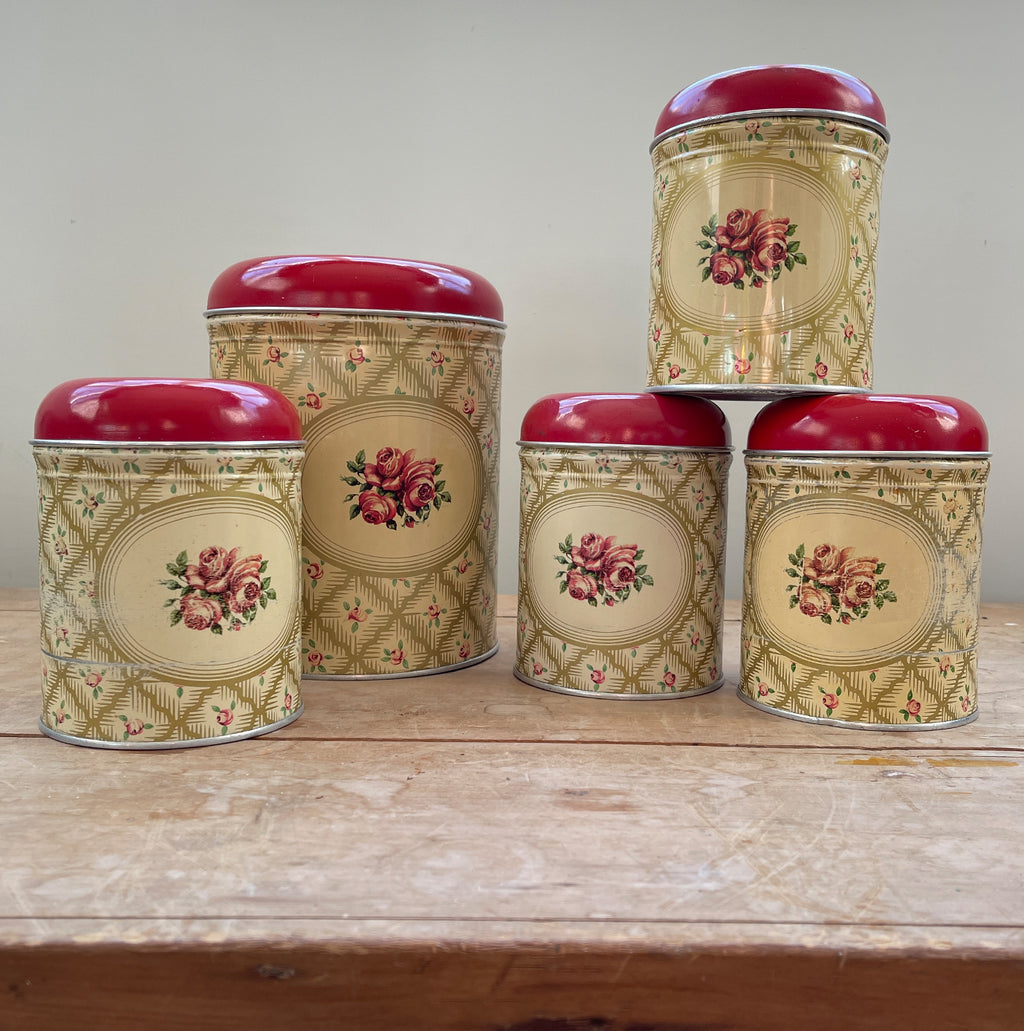 A set of 5 kitsch vintage Worcester Ware kitchen tins. Named the 'Cranbourne' range, the set consists of a Coffee, Tea, Sugar, Cereal, and lager Flour tin - SHOP NOW - www.intovintage.co.uk