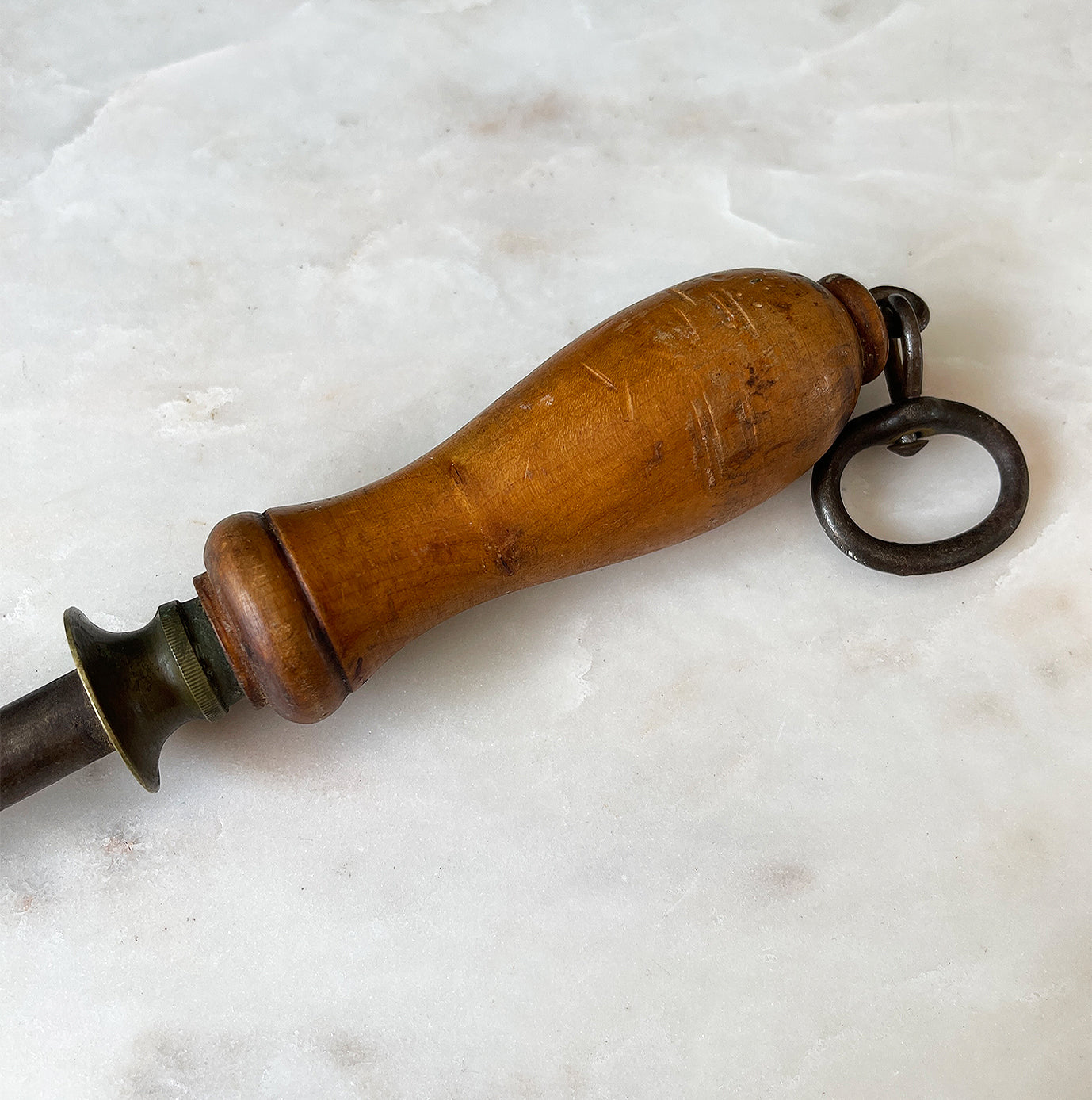 A Victorian English Steel Knife Sharpener with brass shank and sturdy steel hanging hook. Ideal for the period kitchen and keeping your cutlery nice and sharp - SHOP NOW - www.intovintage.co.uk