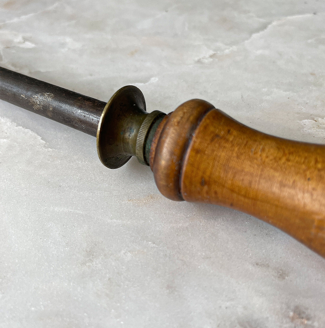 A Victorian English Steel Knife Sharpener with brass shank and sturdy steel hanging hook. Ideal for the period kitchen and keeping your cutlery nice and sharp - SHOP NOW - www.intovintage.co.uk