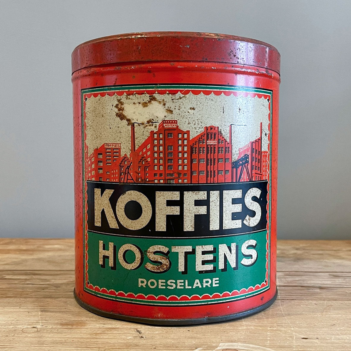 A large Vintage Koffies Hostens Tin. Great colours, design & typography to the sides - SHOP NOW - www.intovintage.co.uk