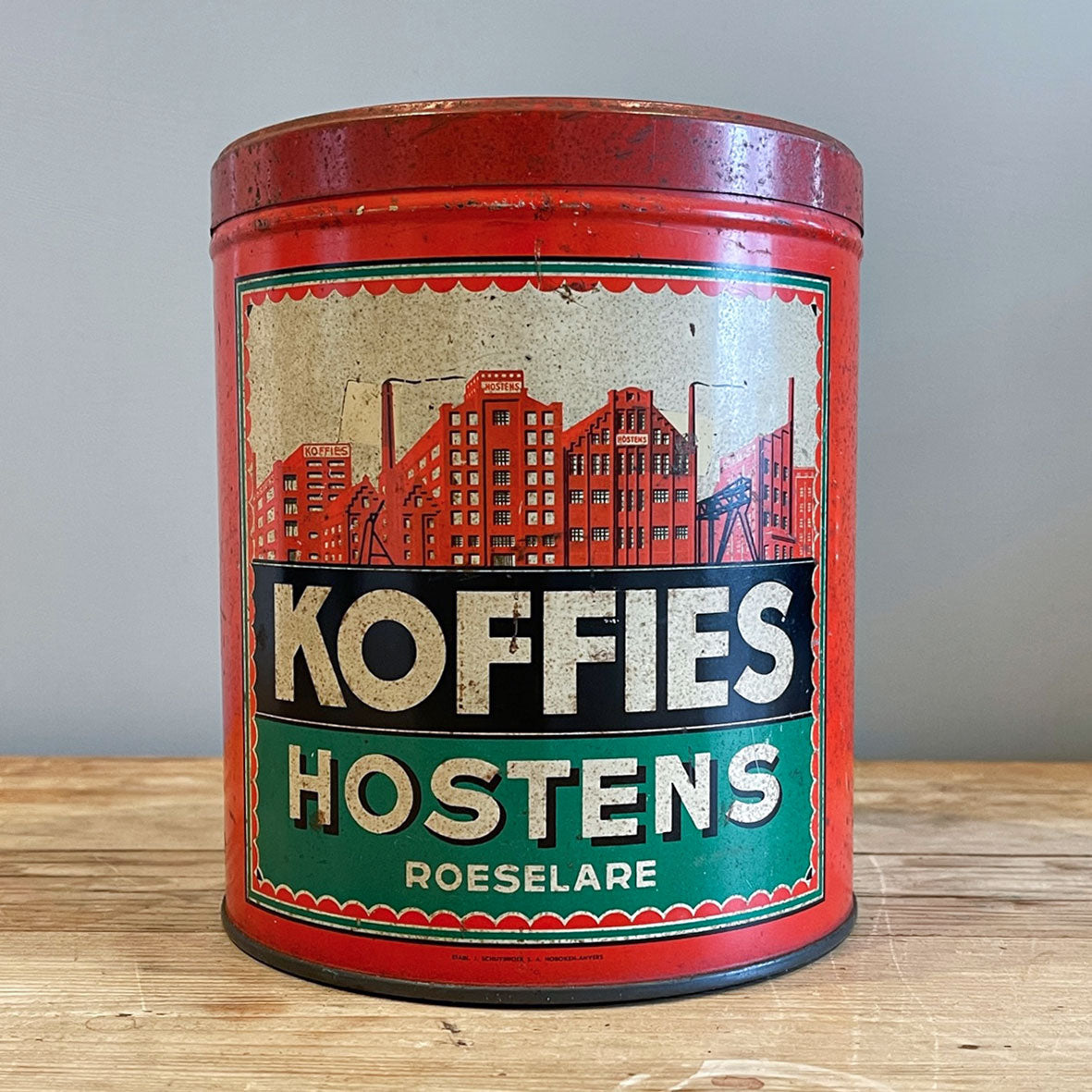 A large Vintage Koffies Hostens Tin. Great colours, design & typography to the sides - SHOP NOW - www.intovintage.co.uk