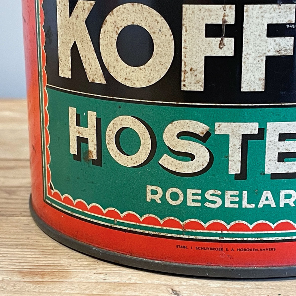 A large Vintage Koffies Hostens Tin. Great colours, design & typography to the sides - SHOP NOW - www.intovintage.co.uk