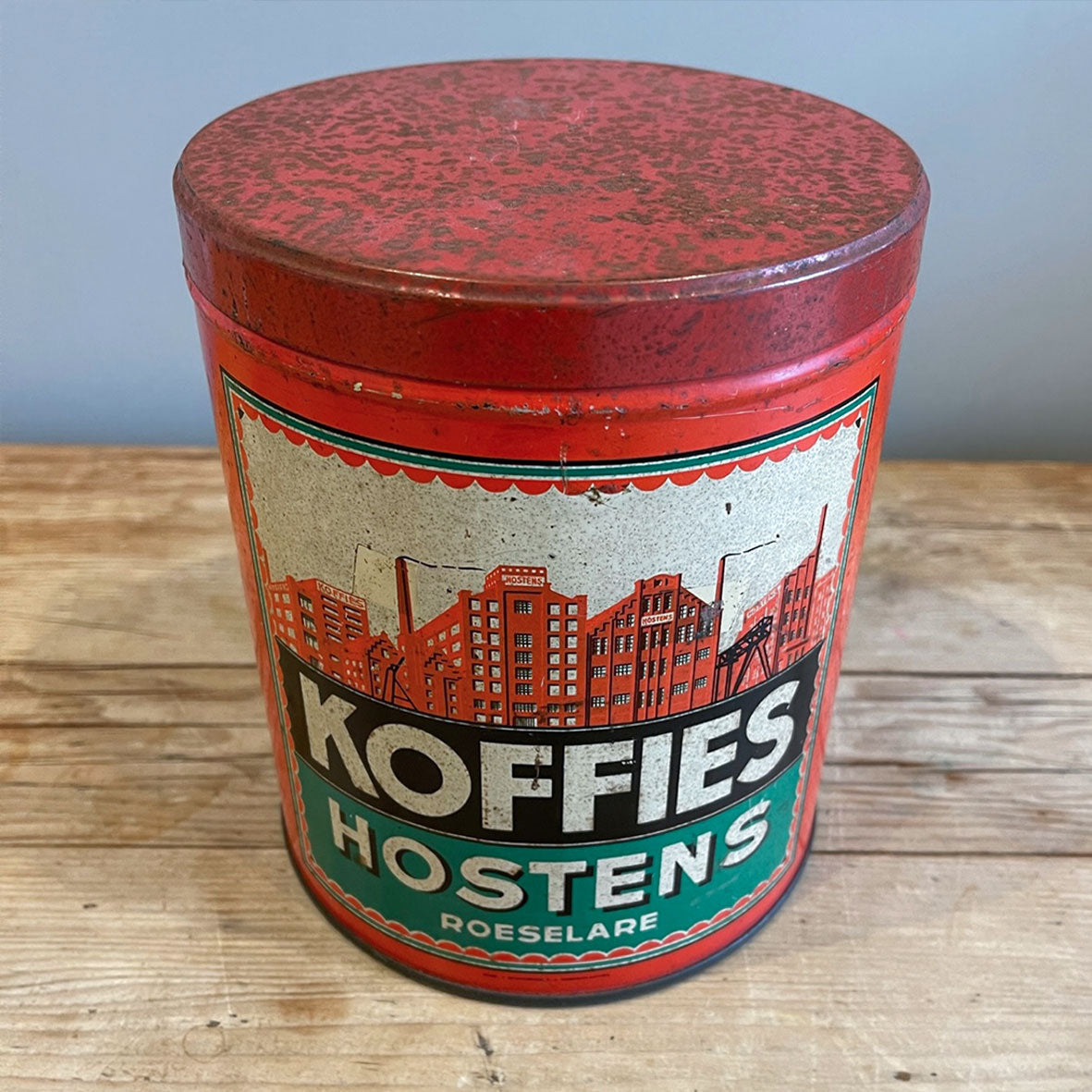 A large Vintage Koffies Hostens Tin. Great colours, design & typography to the sides - SHOP NOW - www.intovintage.co.uk