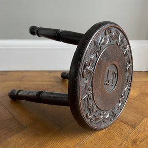 A well Carved Early Victorian Oak Stool with fantastic detail to the top seat, and the initials 'IT' carved in the centre. It has three turned legs and a rounded profile to the seats edge. Nice and stable too. - SHOP NOW - www.intovintage.co.uk