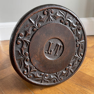 A well Carved Early Victorian Oak Stool with fantastic detail to the top seat, and the initials 'IT' carved in the centre. It has three turned legs and a rounded profile to the seats edge. Nice and stable too. - SHOP NOW - www.intovintage.co.uk