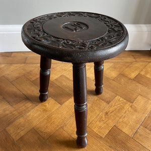 A well Carved Early Victorian Oak Stool with fantastic detail to the top seat, and the initials 'IT' carved in the centre. It has three turned legs and a rounded profile to the seats edge. Nice and stable too. - SHOP NOW - www.intovintage.co.uk
