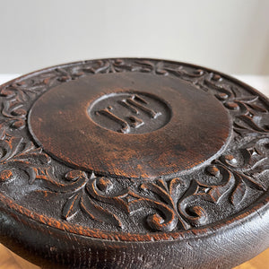 A well Carved Early Victorian Oak Stool with fantastic detail to the top seat, and the initials 'IT' carved in the centre. It has three turned legs and a rounded profile to the seats edge. Nice and stable too. - SHOP NOW - www.intovintage.co.uk