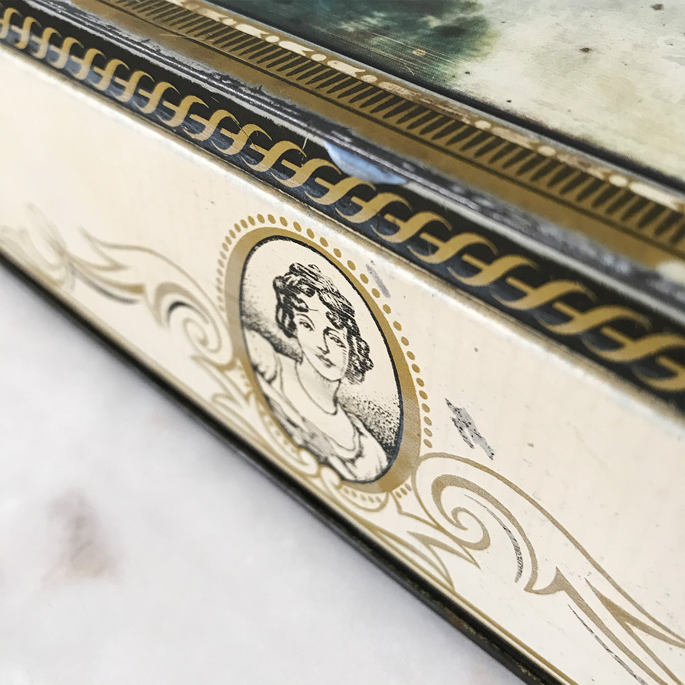 Vintage 1950s Peak Frean & Co Biscuit Tin with the Countess of Oxford after John Hoppner on the front. It has fab little line illustrations of the lady on the sides with classical gold framing and embellishments - SHOP NOW - www.intovintage.co.uk