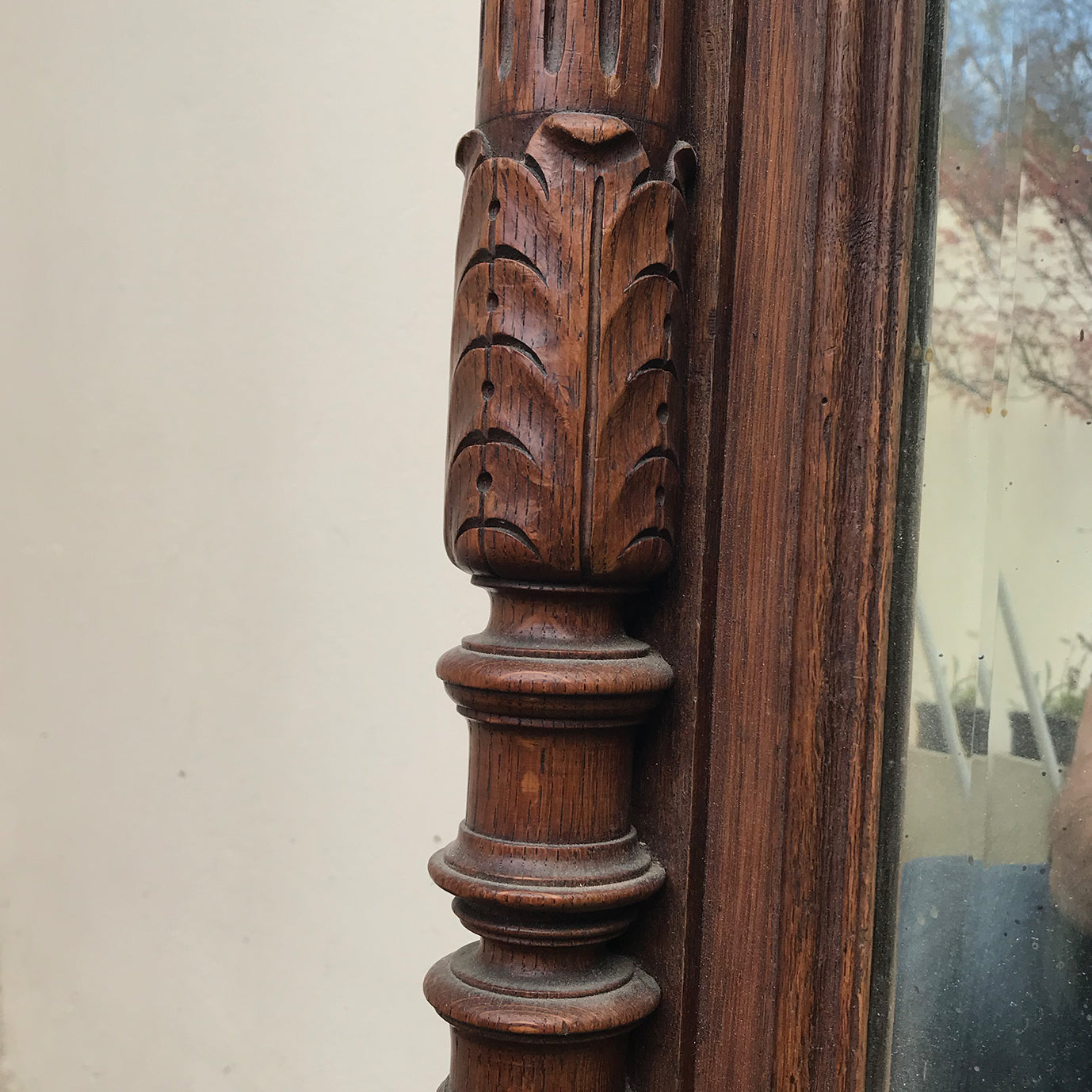 A tall imposing French oak mirror&nbsp;with a lovely warm colour and good amount of foxing to the original mirror plate. Would make a stunning statement on any wall or propped up against a wall - SHOP NOW - www.intovintage.co.uk