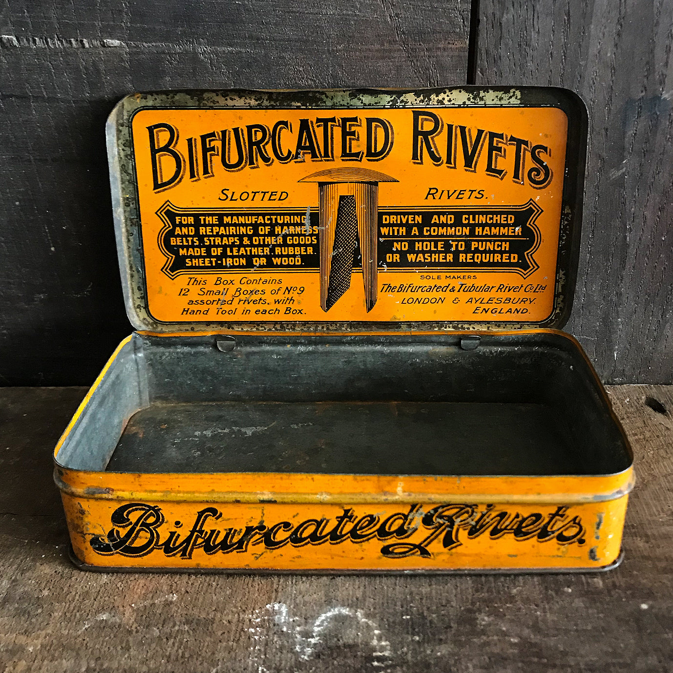 Large Bifurcated Rivets Aylesbury Brand Tin from the Bifurcated and Tubular Rivet Co Ltd, London & Aylesbury. Great graphics to  the front - SHOP NOW - www.intovintage.co.uk