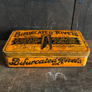 Large Bifurcated Rivets Aylesbury Brand Tin from the Bifurcated and Tubular Rivet Co Ltd, London & Aylesbury. Great graphics to  the front - SHOP NOW - www.intovintage.co.uk