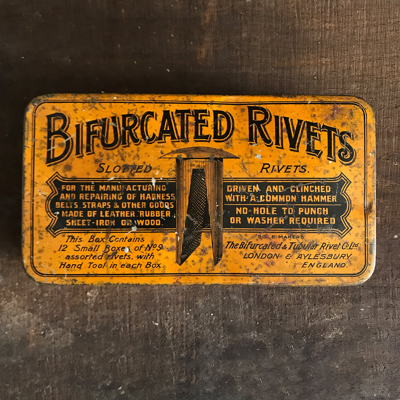 Large Bifurcated Rivets Aylesbury Brand Tin from the Bifurcated and Tubular Rivet Co Ltd, London & Aylesbury. Great graphics to  the front - SHOP NOW - www.intovintage.co.uk
