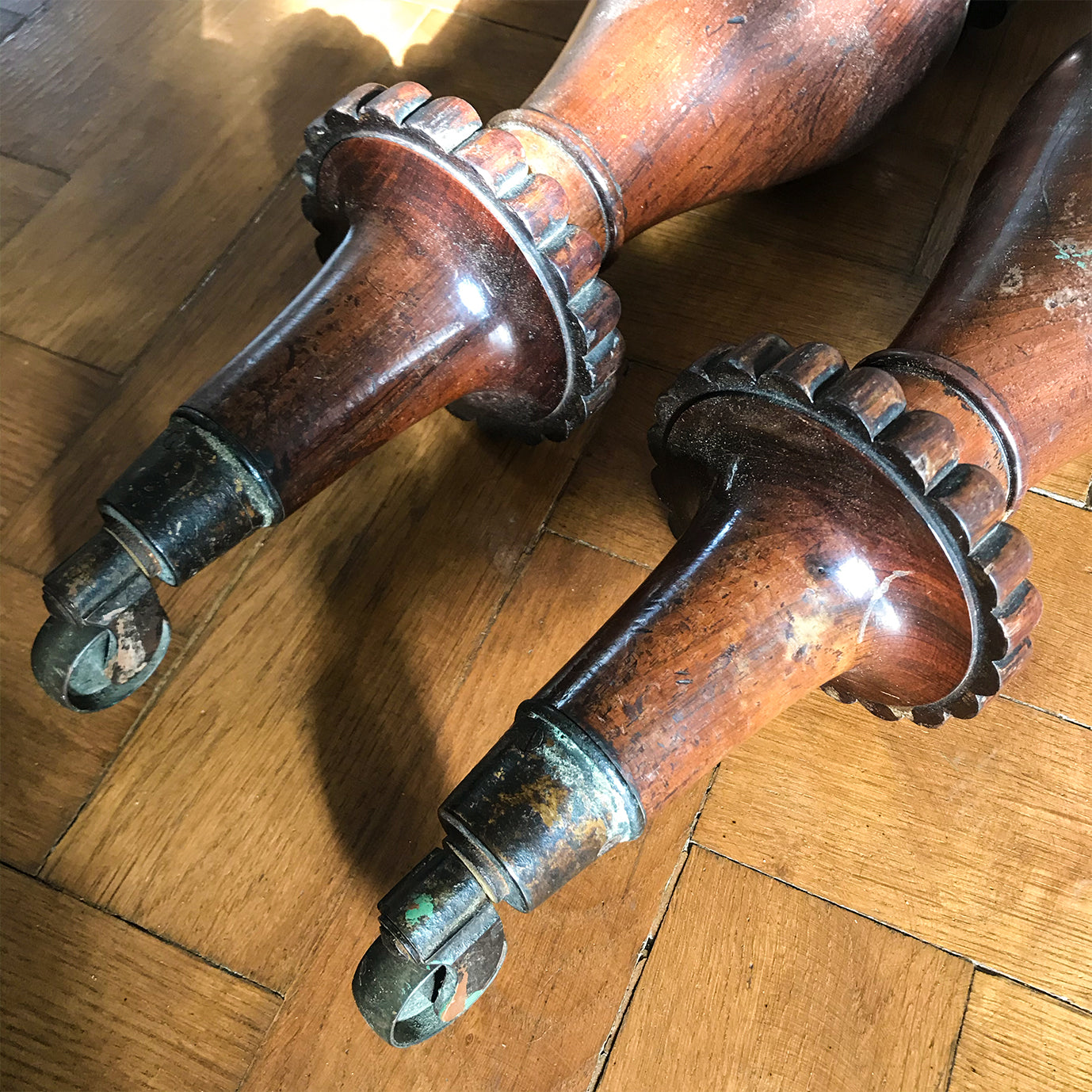 Beautifully turned and fantastically detailed. Two substantial antique furniture legs in Rosewood finished in an original brass caster. for an interior project - SHOP NOW - www.intovintage.co.uk