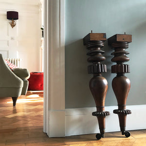 Beautifully turned and fantastically detailed. Two substantial antique furniture legs in Rosewood finished in an original brass caster. for an interior project - SHOP NOW - www.intovintage.co.uk