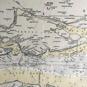 1952 Shipping Chart printed by Laurie, Norie & Wilson of Hackney, London shows the entire Thames Estuary from the south Essex coast to the north coast of Kent and the mouth of the Medway River. With shipping channels and historical wrecks this is a great piece for the wall if you live on the coast. - SHOP NOW - www.intovintage.co.uk