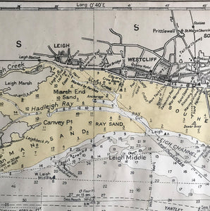 1952 Shipping Chart printed by Laurie, Norie & Wilson of Hackney, London shows the entire Thames Estuary from the south Essex coast to the north coast of Kent and the mouth of the Medway River. With shipping channels and historical wrecks this is a great piece for the wall if you live on the coast. - SHOP NOW - www.intovintage.co.uk