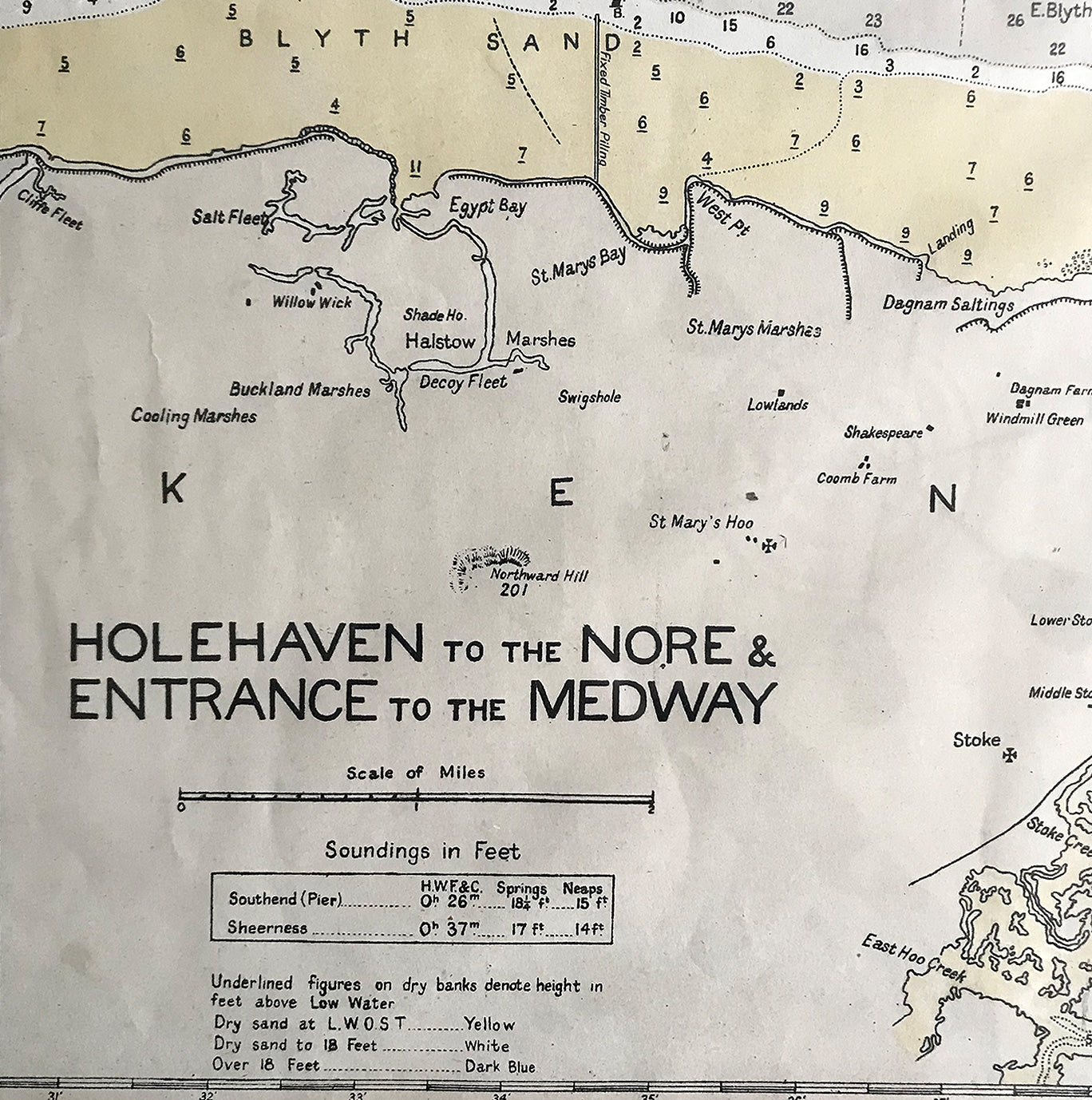 1952 Shipping Chart printed by Laurie, Norie & Wilson of Hackney, London shows the entire Thames Estuary from the south Essex coast to the north coast of Kent and the mouth of the Medway River. With shipping channels and historical wrecks this is a great piece for the wall if you live on the coast. - SHOP NOW - www.intovintage.co.uk