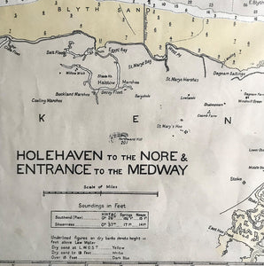 1952 Shipping Chart printed by Laurie, Norie & Wilson of Hackney, London shows the entire Thames Estuary from the south Essex coast to the north coast of Kent and the mouth of the Medway River. With shipping channels and historical wrecks this is a great piece for the wall if you live on the coast. - SHOP NOW - www.intovintage.co.uk