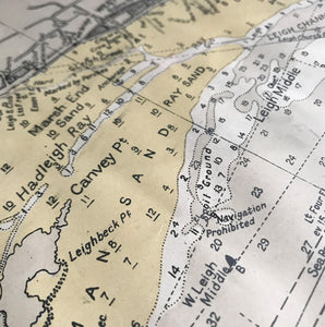 1952 Shipping Chart printed by Laurie, Norie & Wilson of Hackney, London shows the entire Thames Estuary from the south Essex coast to the north coast of Kent and the mouth of the Medway River. With shipping channels and historical wrecks this is a great piece for the wall if you live on the coast. - SHOP NOW - www.intovintage.co.uk