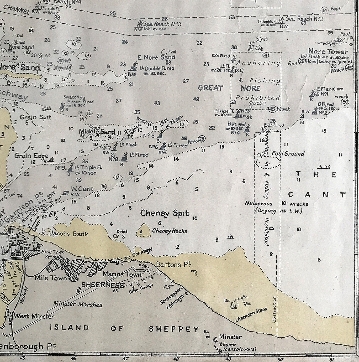 1952 Shipping Chart printed by Laurie, Norie & Wilson of Hackney, London shows the entire Thames Estuary from the south Essex coast to the north coast of Kent and the mouth of the Medway River. With shipping channels and historical wrecks this is a great piece for the wall if you live on the coast. - SHOP NOW - www.intovintage.co.uk