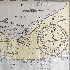 1952 Shipping Chart printed by Laurie, Norie & Wilson of Hackney, London shows the entire Thames Estuary from the south Essex coast to the north coast of Kent and the mouth of the Medway River. With shipping channels and historical wrecks this is a great piece for the wall if you live on the coast. - SHOP NOW - www.intovintage.co.uk