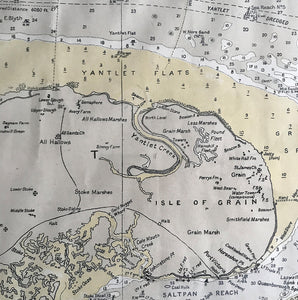 1952 Shipping Chart printed by Laurie, Norie & Wilson of Hackney, London shows the entire Thames Estuary from the south Essex coast to the north coast of Kent and the mouth of the Medway River. With shipping channels and historical wrecks this is a great piece for the wall if you live on the coast. - SHOP NOW - www.intovintage.co.uk