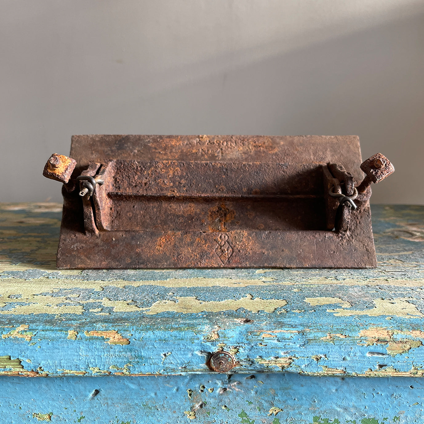 A large cast iron letter plate by Archibald Kenrick, with weighted letters flap for flip back into place when used. Depicting the word letters with patterning around the edge - SHOP NOW - www.intovintage.co.uk
