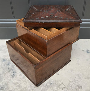 Beautiful & practical Victorian Oak Letter Box with Gothic carved lid. This beautiful and practical piece has an ornately carved lid that lifts off to reveal a top section that has six compartments. The top then slides sideways to reveal an under section which has a further six compartments - SHOP NOW - www.intovintage.co.uk