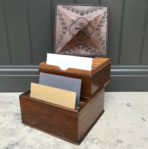 Beautiful & practical Victorian Oak Letter Box with Gothic carved lid. This beautiful and practical piece has an ornately carved lid that lifts off to reveal a top section that has six compartments. The top then slides sideways to reveal an under section which has a further six compartments - SHOP NOW - www.intovintage.co.uk