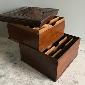 Beautiful & practical Victorian Oak Letter Box with Gothic carved lid. This beautiful and practical piece has an ornately carved lid that lifts off to reveal a top section that has six compartments. The top then slides sideways to reveal an under section which has a further six compartments - SHOP NOW - www.intovintage.co.uk