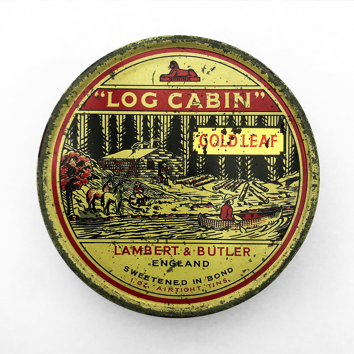 A sort after rare Vintage 1oz Log Cabin Gold Leaf Tobacco Tin by Lambert & Butler. It has a wonderful camping scene on the lid - SHOP NOW - www.intovintage.co.uk