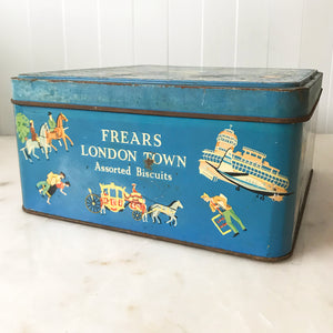 Vintage Frears London Town Biscuit Tin with delightful vignette illustrations of London life from the 50's. There's a Pearly King & Queen having a jig, an Elephant taking some children for a ride, people taking the tube and a whole lot more! SHOP NOW - www.intovintage.co.uk