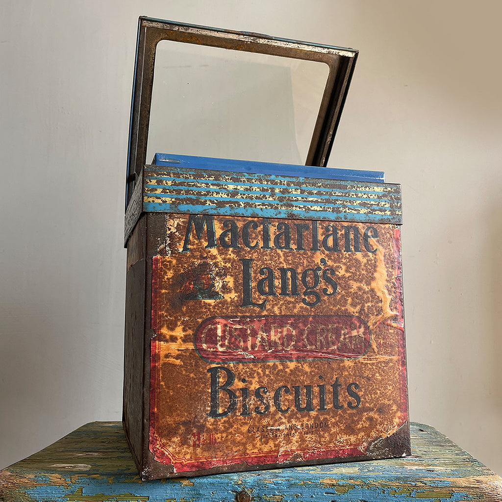 A Macfarlane & Lang large square Custard Creams Biscuit Tin with glass top display lid. This tin would have been used in a shop to store and display biscuits for sale. Fantastic aged patina to the front graphics. - SHOP NOW - www.intovintage.co.uk