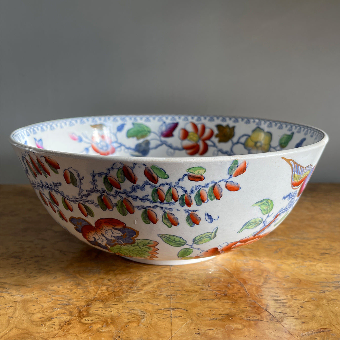 A brightly decorated Ironstone bowl in the Flying Bird pattern by the Mason's pottery. Covered in colourful flowers and pheasants, just lovely! - SHOP NOW - www.intovintage.co.uk