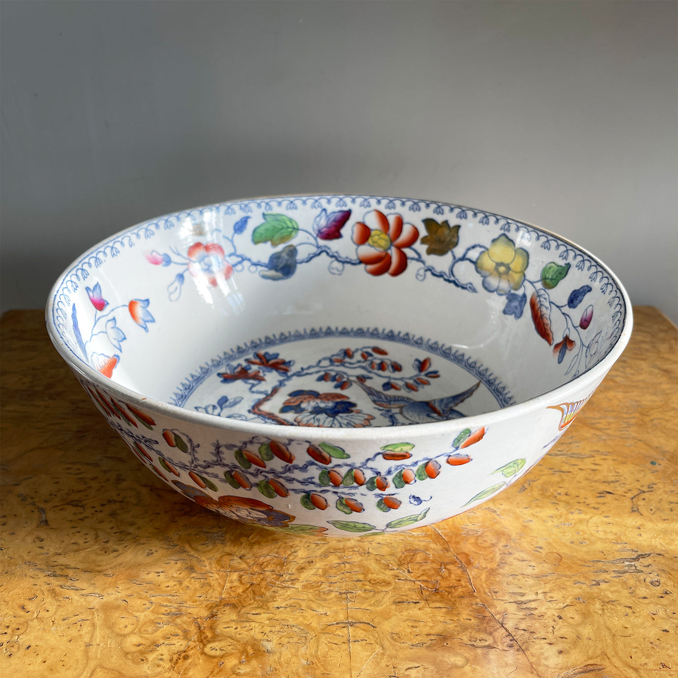 A brightly decorated Ironstone bowl in the Flying Bird pattern by the Mason's pottery. Covered in colourful flowers and pheasants, just lovely! - SHOP NOW - www.intovintage.co.uk