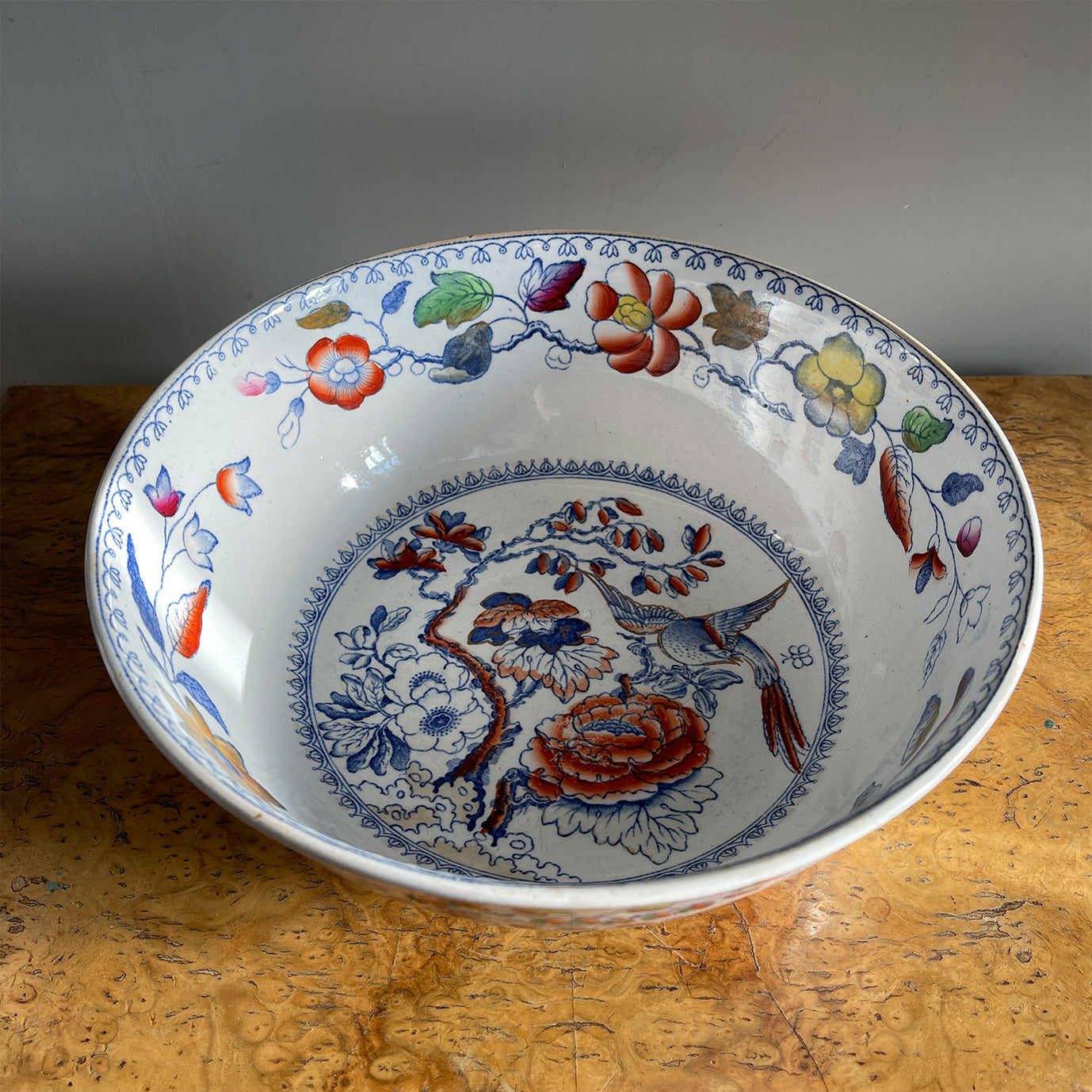 A brightly decorated Ironstone bowl in the Flying Bird pattern by the Mason's pottery. Covered in colourful flowers and pheasants, just lovely! - SHOP NOW - www.intovintage.co.uk