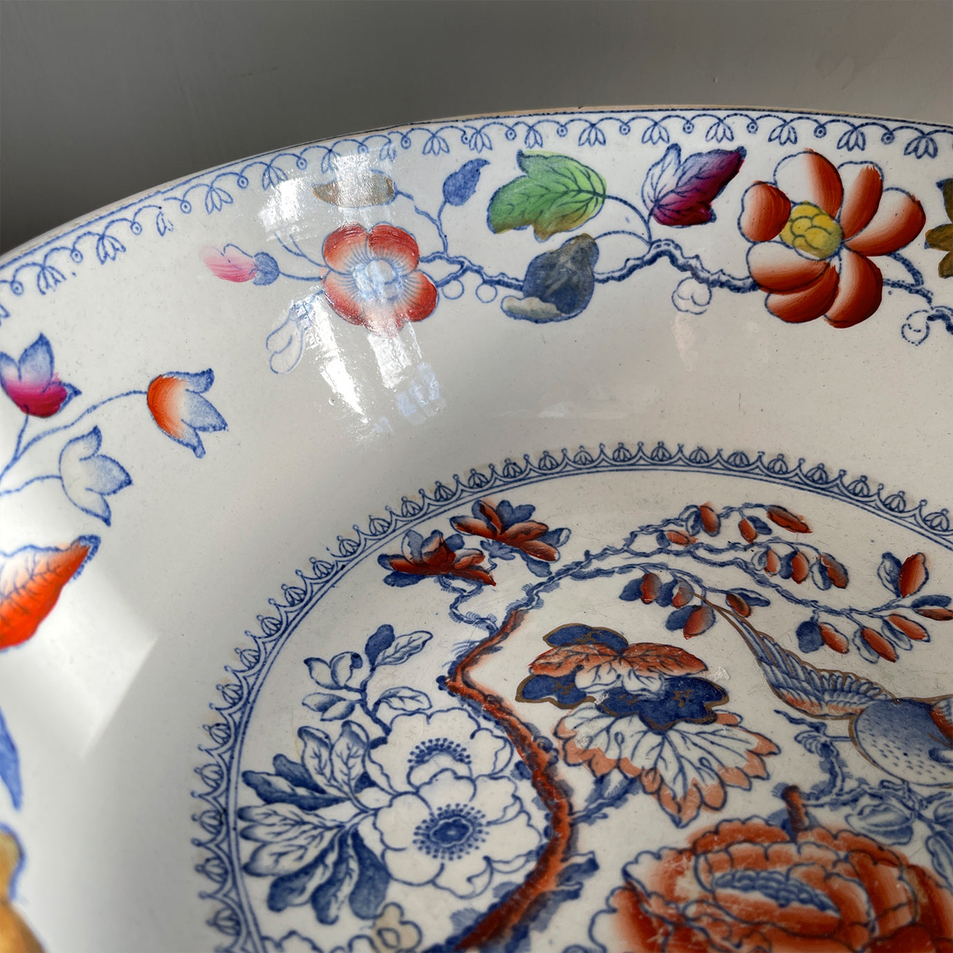 A brightly decorated Ironstone bowl in the Flying Bird pattern by the Mason's pottery. Covered in colourful flowers and pheasants, just lovely! - SHOP NOW - www.intovintage.co.uk