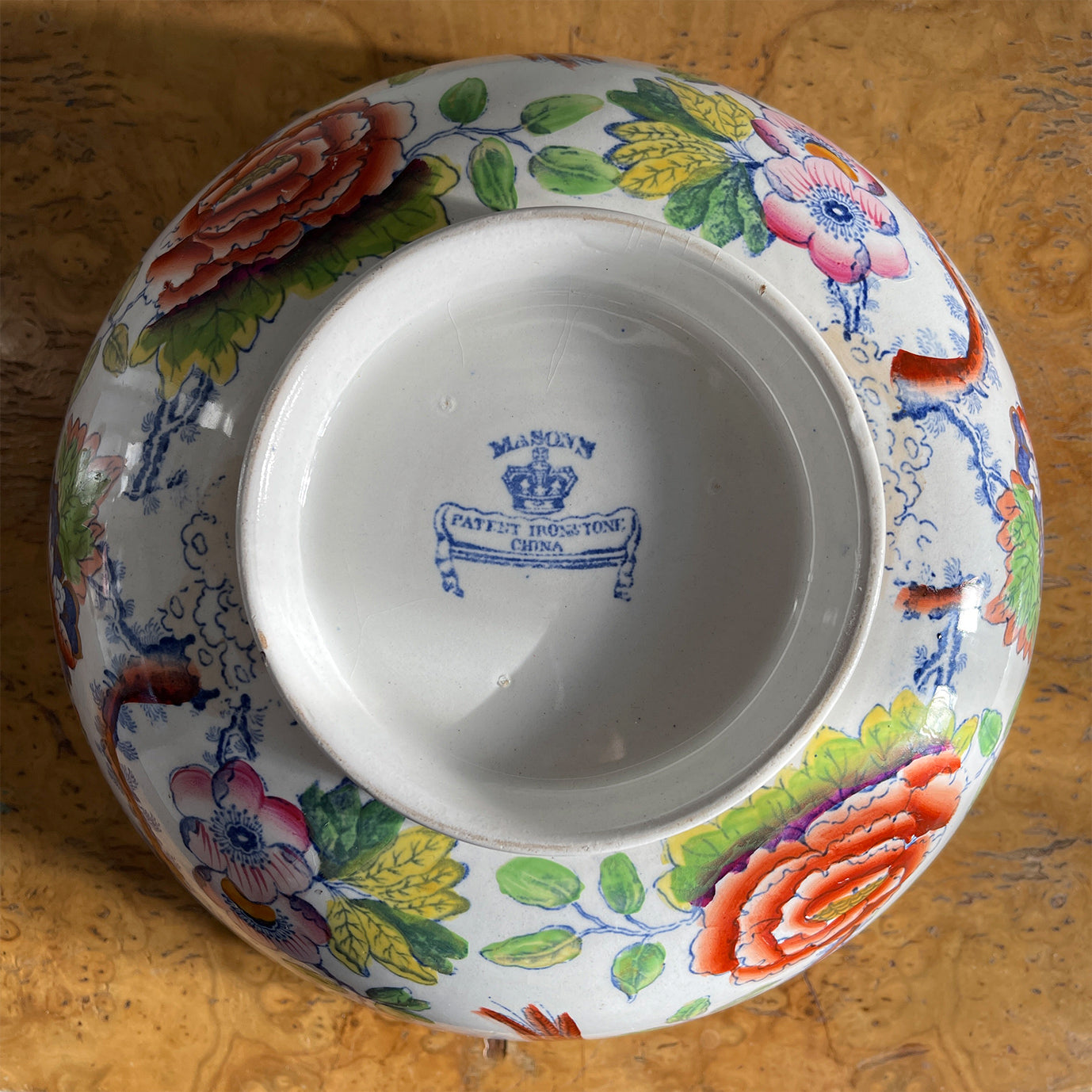 A brightly decorated Ironstone bowl in the Flying Bird pattern by the Mason's pottery. Covered in colourful flowers and pheasants, just lovely! - SHOP NOW - www.intovintage.co.uk